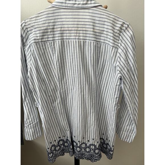 Womens Medium Linen Feel Top Long Sleeves Collared Striped Blue Embroidered - Picture 6 of 12
